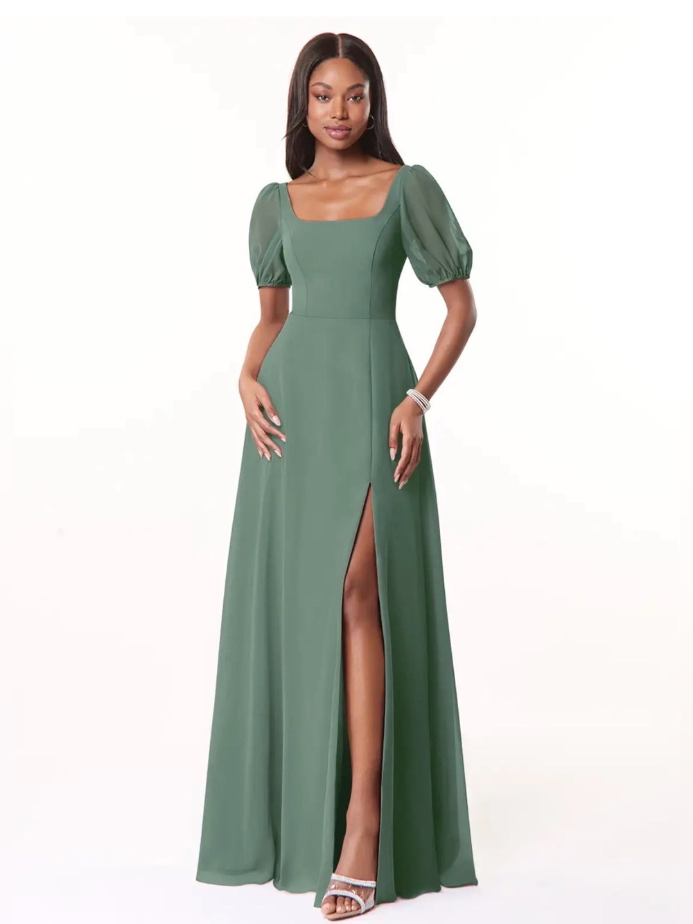 Elegant Green Puff-Sleeve Maxi Dress